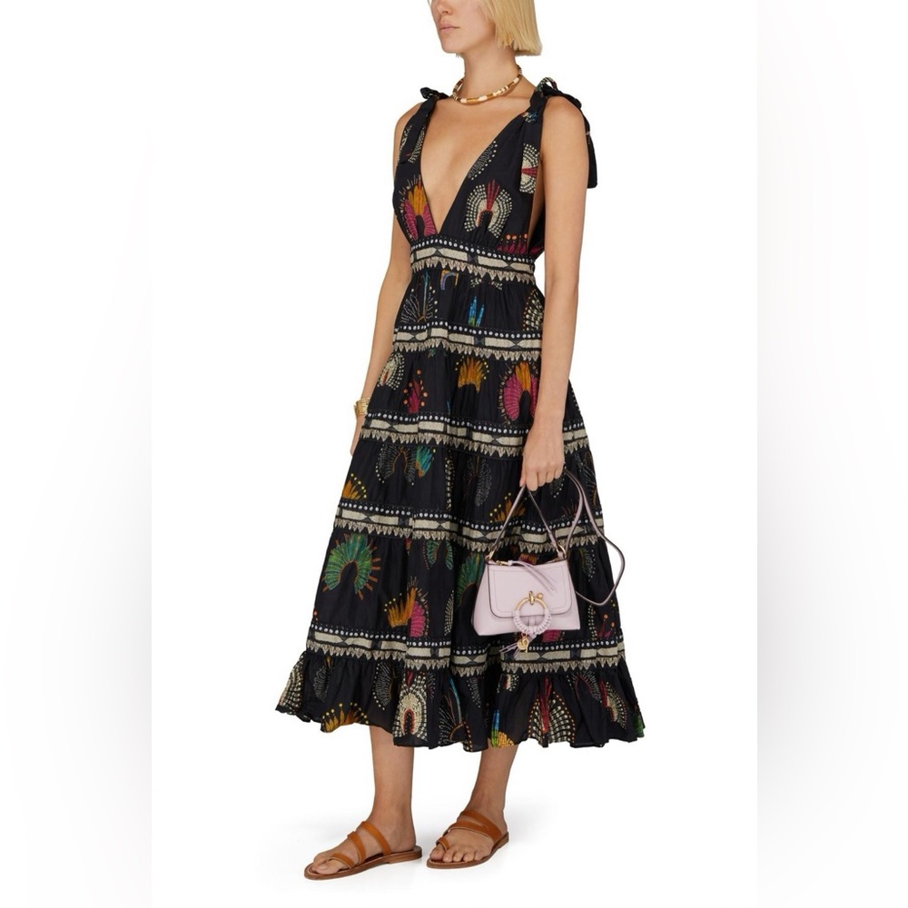 FARM Rio Black Tiered Maxi Dress with Multicolor Floral Motifs